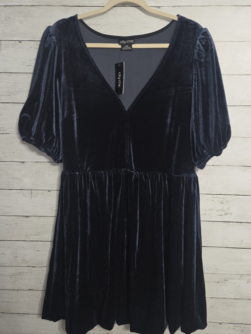 Deep Navy Blue Velvet Plus Mini Dress Puff Elastic Cuff Sleeves Bubble Hem Sz 16 - Picture 2 of 8